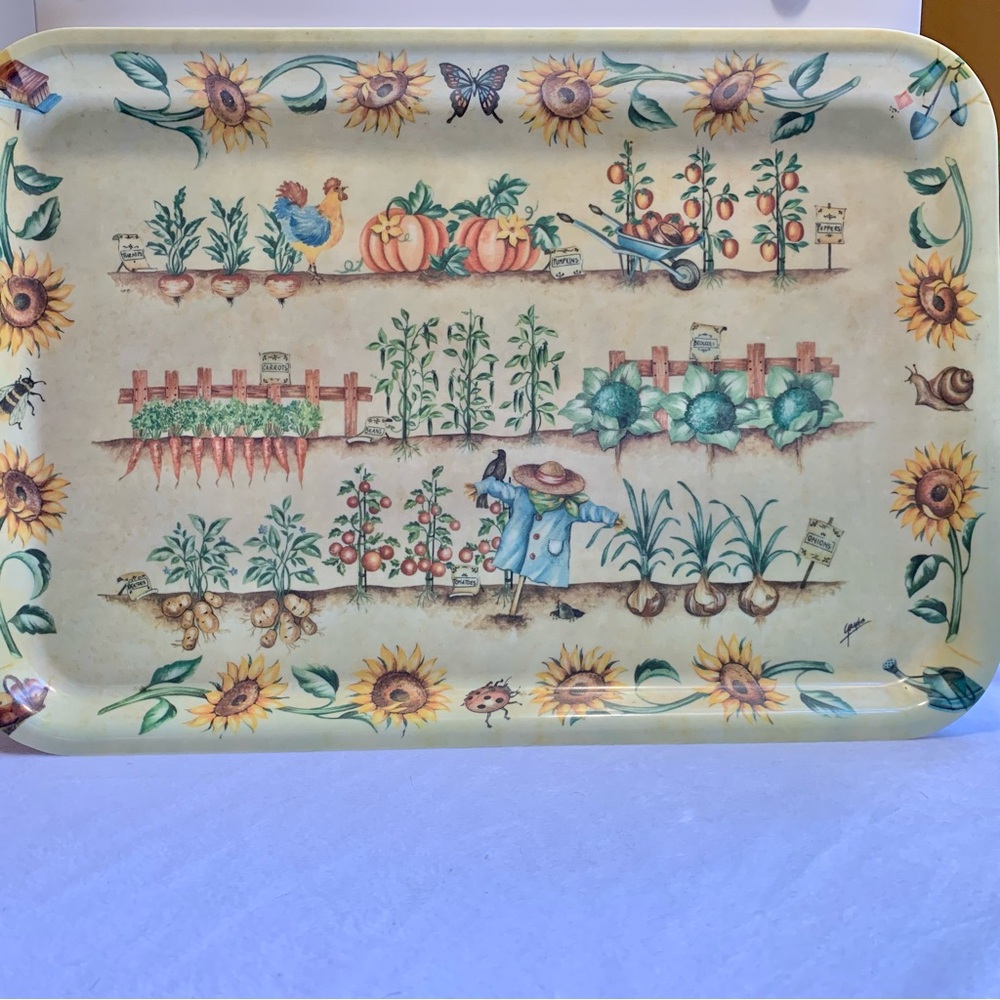 Vintage Italian Melamine Serving Tray Country Garden Scene, 18x12.5"